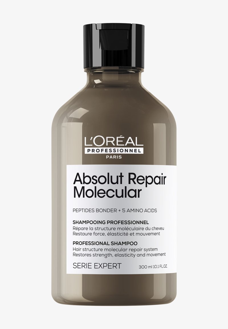 Profesjonalna butelka szamponu L'Oréal Absolut Repair Molecular z czarną nakrętką, naprawiająca siłę, elastyczność i ruch włosów, 300 ml.