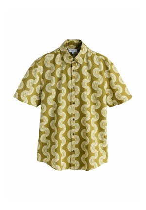 Short-sleeve shirt in olive green with a white spiral pattern, featuring a button front, collar, and a relaxed fit.