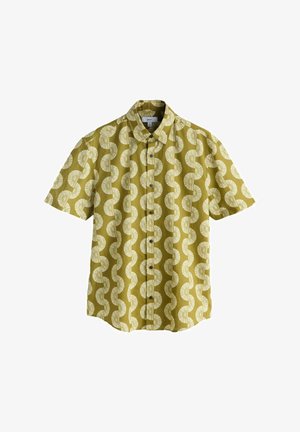 Short-sleeve shirt in olive green with a white spiral pattern, featuring a button front, collar, and a relaxed fit.