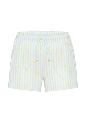 Hellblaue und weiße Shorts mit vertikalen Streifen, bedruckt mit gelben Zitronenscheiben, ausgestattet mit einem elastischen Bund und einer vorderen Kordel.