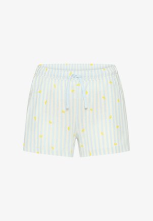 Light blue and white vertical striped shorts with yellow lemon slice prints and an elastic waistband with a front tie.