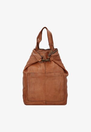 Borsa in pelle marrone con un design morbido, manici superiori doppi, tasca frontale e dettagli in metallo. Texture liscia e stile minimalista.