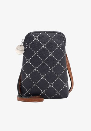 Mała czarna torebka na ramię z białym wzorem w kropki w kształcie diamentu, brązowym regulowanym paskiem oraz okrągłym srebrnym suwakiem z nazwą marki.