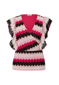 Roze en zwarte zigzagpatroon top met vlindermouwen, diepe V-hals en een getailleerde taille. Gemaakt van gestructureerde stof.
