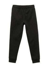 Schwarze Sweatpants aus weichem Material, mit einem Kordelzugbund, schmal zulaufenden Beinen und gerippten Bündchen an den Knöcheln.