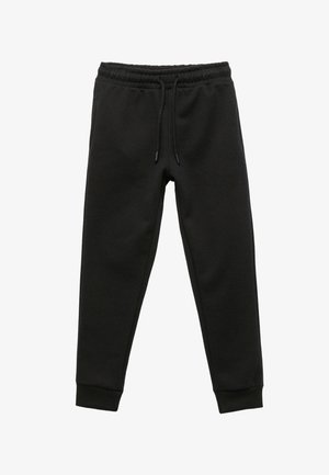 Pantalones de chándal negros hechos de una tela suave, con una cinturilla ajustable, piernas estrechas y puños acanalados en los tobillos.
