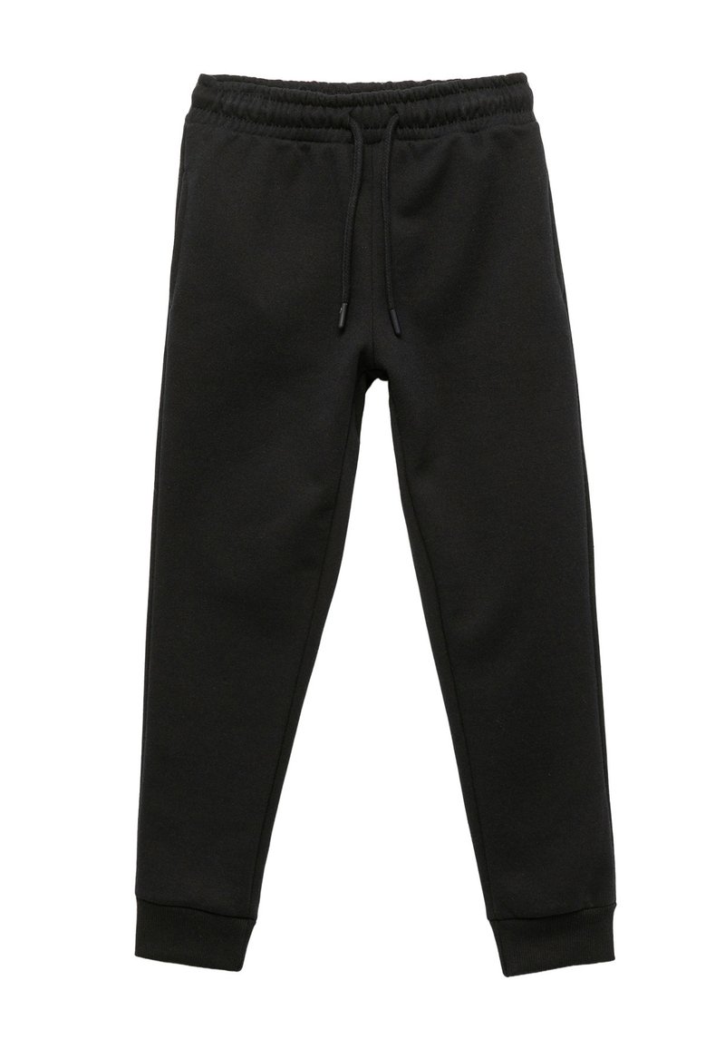 Schwarze Sweatpants aus weichem Material, mit einem Kordelzugbund, schmal zulaufenden Beinen und gerippten Bündchen an den Knöcheln.