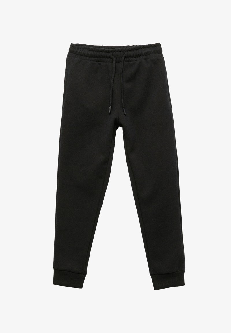 Zwarte sweatpants van zacht materiaal, met een trekkoord in de taille, taps toelopende pijpen en ribgebreide boorden bij de enkels.