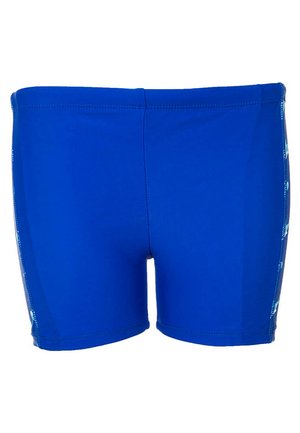 Mėlyni vyriški maudymosi šortai su prigludusiu siluetu ir raštuotais šonais ant balto fono.