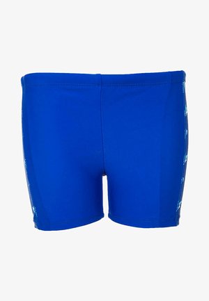 Mėlyni vyriški maudymosi šortai su prigludusiu siluetu ir raštuotais šonais ant balto fono.