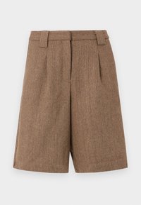 Braune, maßgeschneiderte Shorts mit Fischgrätmuster, Gürtelschlaufen und Vorderfalten, auf einem schlichten weißen Hintergrund präsentiert.