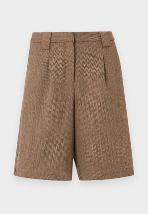 Ruskean herringbone-kuosiset räätälöidyt shortsit, joissa on vyölenkit ja etutaitteet, esillä yksinkertaisella valkoisella taustalla.