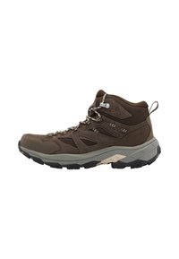 Scarpa da hiking alta marrone con tessuto in rete, punta rinforzata, suola in gomma flessibile e dettagli testurizzati. Presenta occhielli in metallo e lacci.
