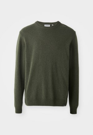 Dark green sweater, round neck, long sleeves, ribbed cuffs and hem, soft texture, simple design, no visible patterns or embellishments.