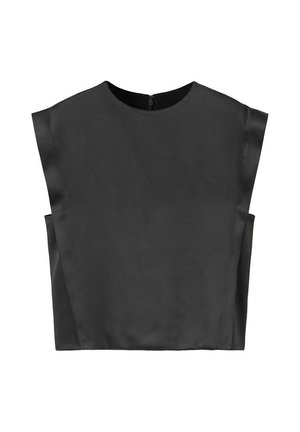 Haut noir sans manches avec encolure ronde, fermeture éclair au dos et coupe ample et carrée, présenté sur fond blanc.