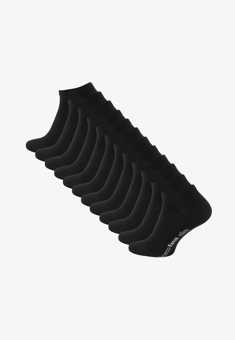 Schwarze Knöchelsocken aus einem Baumwollgemisch, mit einem gerippten Bündchen und verstärktem Fersenbereich. Set aus zwölf, einheitliches Design, ungemustert.