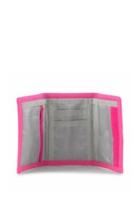 Billetera rosa con un exterior de fieltro suave, interior gris, bolsillo con cremallera, ranuras para tarjetas y un ribete de tela a lo largo de los bordes. Patrón interior visible.