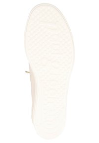 White rubber shoe sole with textured surface, featuring raised circular patterns and embossed brand logo for traction and grip.