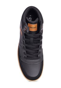 Sneaker alto nero realizzato in pelle e materiale sintetico, con accenti arancioni, lacci e suola in gomma. Taglia 44 contrassegnata all'interno.