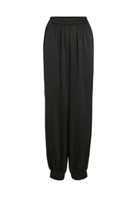 Czarne, plisowane spodnie z elastycznym paskiem w talii i mankietami u dołu. Miękka w dotyku tkanina; lekki materiał zapewnia swobodną sylwetkę.