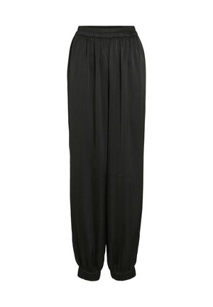 Zwarte, geplooide broek met een elastische tailleband en omgeslagen uiteinden. Zachte textuur; lichtgewicht stof zorgt voor een ontspannen silhouet.