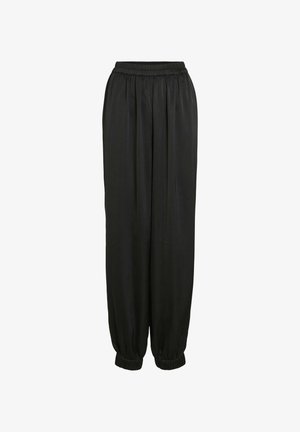 Svarte, plissert bukser med elastisk midjebånd og oppbrettede kanter. Myk tekstur; lett stoff som gir en avslappet silhuett.