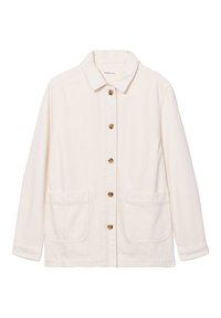 Veste beige à boutons, en coton, avec un col pointu, deux poches avant et des boutons dorés. Elle a des manches longues et un ourlet droit.