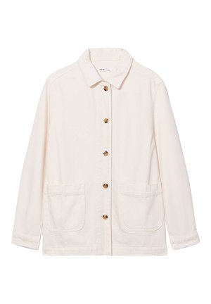 Giacca beige con bottoni, realizzata in cotone, con colletto a punta, due tasche frontali e bottoni dorati. Presenta maniche lunghe e orlo dritto.