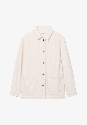 Giacca beige con bottoni, realizzata in cotone, con colletto a punta, due tasche frontali e bottoni dorati. Presenta maniche lunghe e orlo dritto.