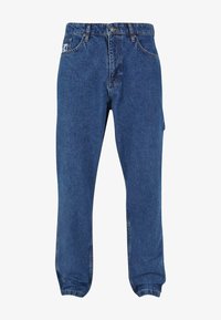 Jeans de denim azul con corte relajado, que cuentan con un cierre de botón, cinco bolsillos y detalles de costura a lo largo de las costuras.