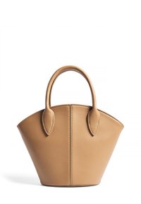 Tan leather handbag with a structured, triangular shape. Features rounded handles and subtle stitching along the center and edges.