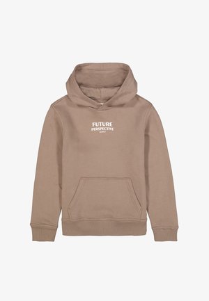 Brauner Hoodie mit einer vorderen Kängurutasche, gerippten Bündchen und einem weißen Schriftzug "FUTURE PERSPECTIVE" auf der Brust.