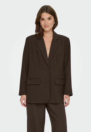 Bruine blazer van lichtgewicht stof, gestructureerd ontwerp met lange mouwen, twee voorkanten zakken en een enkele knoopsluiting.