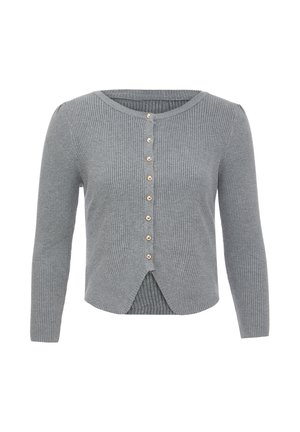 Grå ribbet cardigan med lange ærmer, rund halsudskæring og frontlukning med knapper i guldtoner samt en delt kantdetalje.