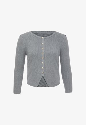 Grau gestreifter Cardigan mit langen Ärmeln, rundem Ausschnitt und vorderem Knopfverschluss, der goldfarbene Knöpfe und einen geschlitzten Saum aufweist.