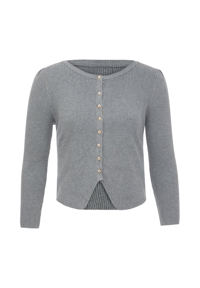 Cardigan grigio a coste con maniche lunghe, scollo rotondo e chiusura frontale con bottoni in tonalità oro e dettagli con orlo spaccato.