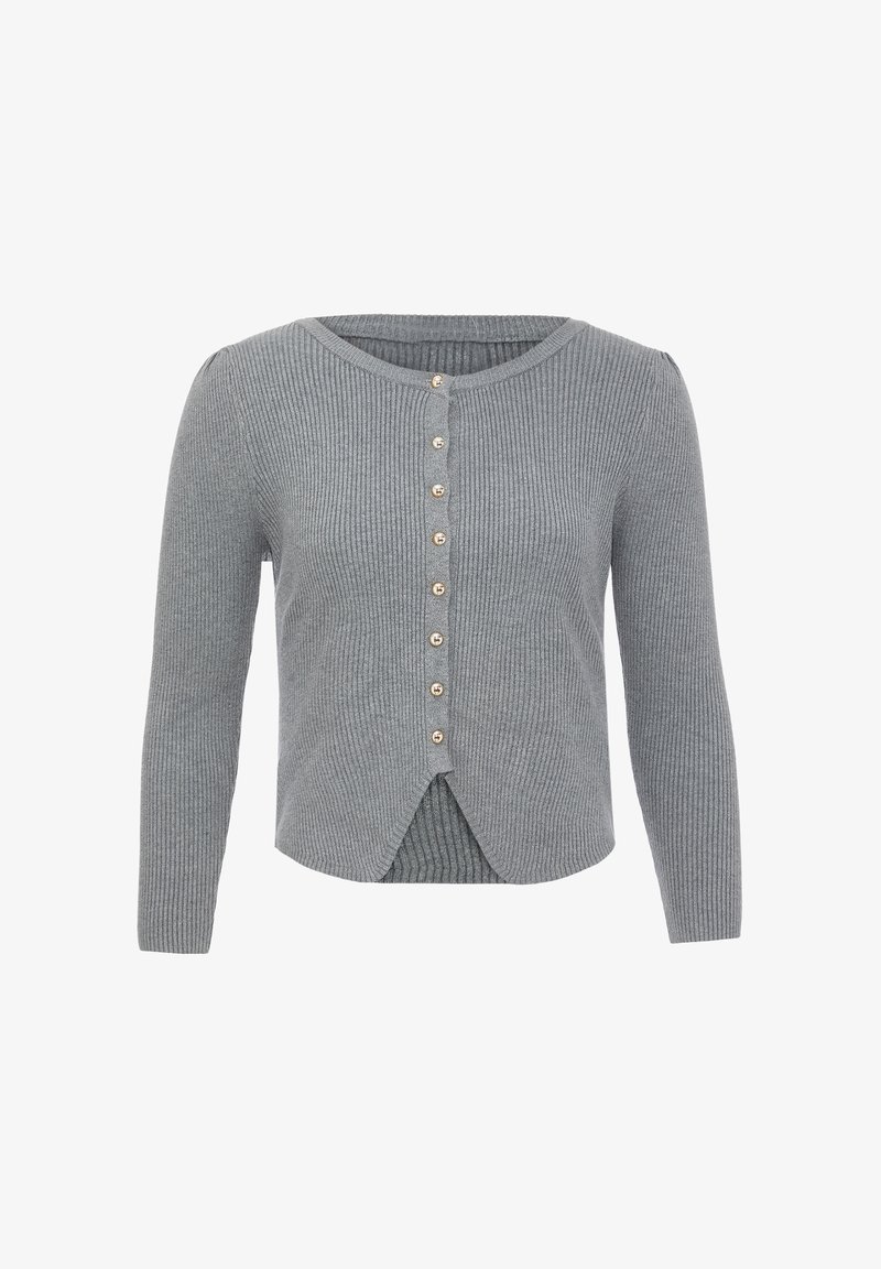 Šedý žebrovaný kardigan s dlouhými rukávy, kulatým výstřihem a předním zapínáním na knoflíky, které mají zlatý odstín, a rozparky na spodním okraji.