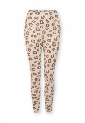 Luipaardprintleggingen hebben een beige basis met bruine vlekken, rekbaar materiaal, een hoge tailleband en een figuurafhankelijke pasvorm.