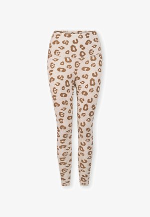 Leggings im Leopardenmuster mit beigem Grund und braunen Flecken, dehnbarem Material, hohem Bund und figurbetontem Design.