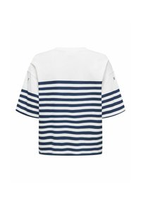 T-shirt à manches courtes rayé avec des lignes horizontales blanches et marine, doté d'un col rond et d'une coupe décontractée. Tissu en coton doux.