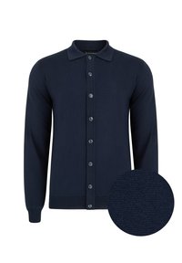 Granatowy kardigan z długimi rękawami, z przodem zapinanym na guziki i ściągaczami. Teksturowana tkanina z delikatnym wzorem.