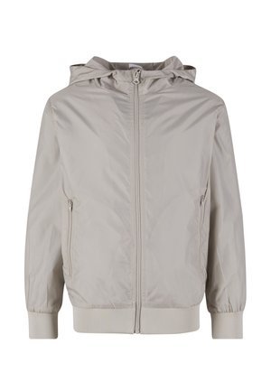 Veste à capuche gris clair avec fermeture éclair devant, deux poches latérales zippées et poignets et bas élastiques.