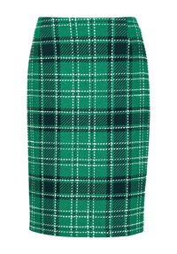 Groene geruite kokerrok met een gestructureerde weving en witte en donkergroene lijnen. Rechte snit en een knielengte ontwerp. Brede tailleband.