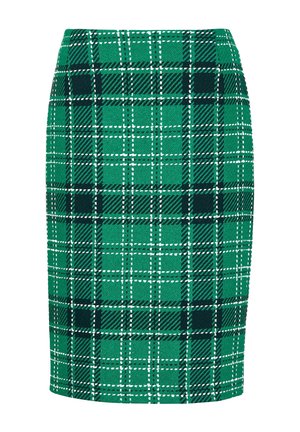 Groene geruite kokerrok met een gestructureerde weving en witte en donkergroene lijnen. Rechte snit en een knielengte ontwerp. Brede tailleband.