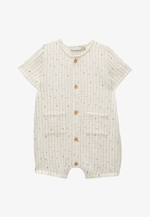 Grenouillère bébé blanche à manches courtes avec des rayures multicolores verticales, des étoiles orange dispersées, des boutons en bois à l'avant et deux petites poches.