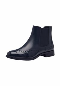 Bottes Chelsea en cuir bleu marine avec une finition élégante, des détails brogue, des panneaux latéraux élastiques et un talon bas et carré. Texture lisse et forme effilée.