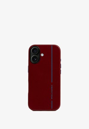 Rode telefoonhoes met een gladde textuur, twee ronde uitsparingen voor de camera, een klein lampje en een blauwe verticale streep aan één zijde.