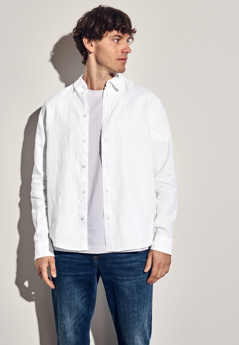 Camisa blanca de lino de manga larga con cierre de botones, usada sobre una camiseta clara, combinada con jeans de mezclilla azul oscuro. Sombra proyectada en la pared.