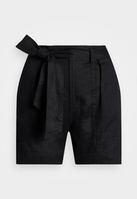 Calções de linho pretos com um detalhe de cintura amarrada, apresentando pregas, bolsos laterais e um design estruturado. Textura suave e comprimento médio.