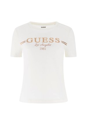 Witte katoenen T-shirt met korte mouwen, featuring "GUESS Los Angeles 1981" in roségoudkleurige tekst en dubbele horizontale strepen in roségoud op de mouwen.